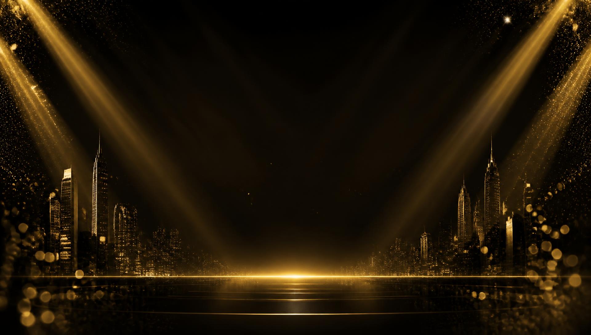 Golden spotlights over a night city skyline